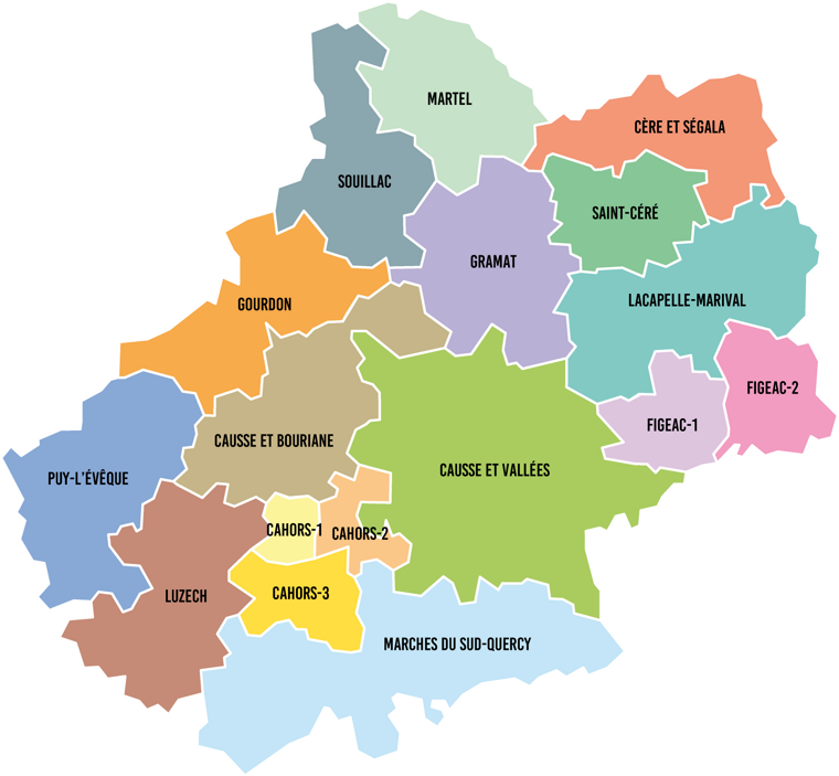 Carte des cantons du département du Lot (46) couverts par Ramonage Lot Service : Cahors, Figeac, Gourdon, Souillac, Gramat, Saint-Céré, Martel, Luzech, Puy-l’Évêque et Marches du Sud-Quercy
